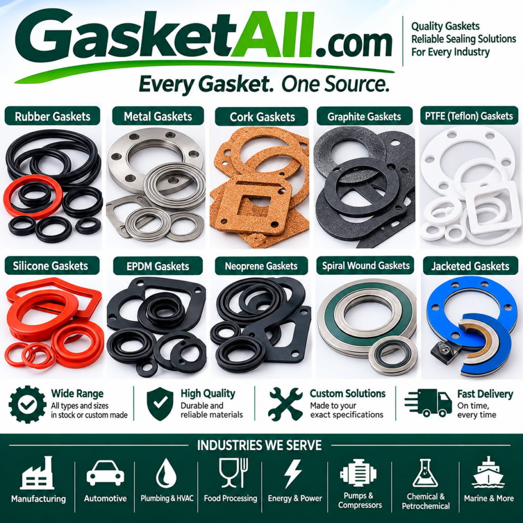 A GasketAll.com graphic shows labeled rubber, metal, cork, silicone, EPDM and neoprene gaskets above industry icons.